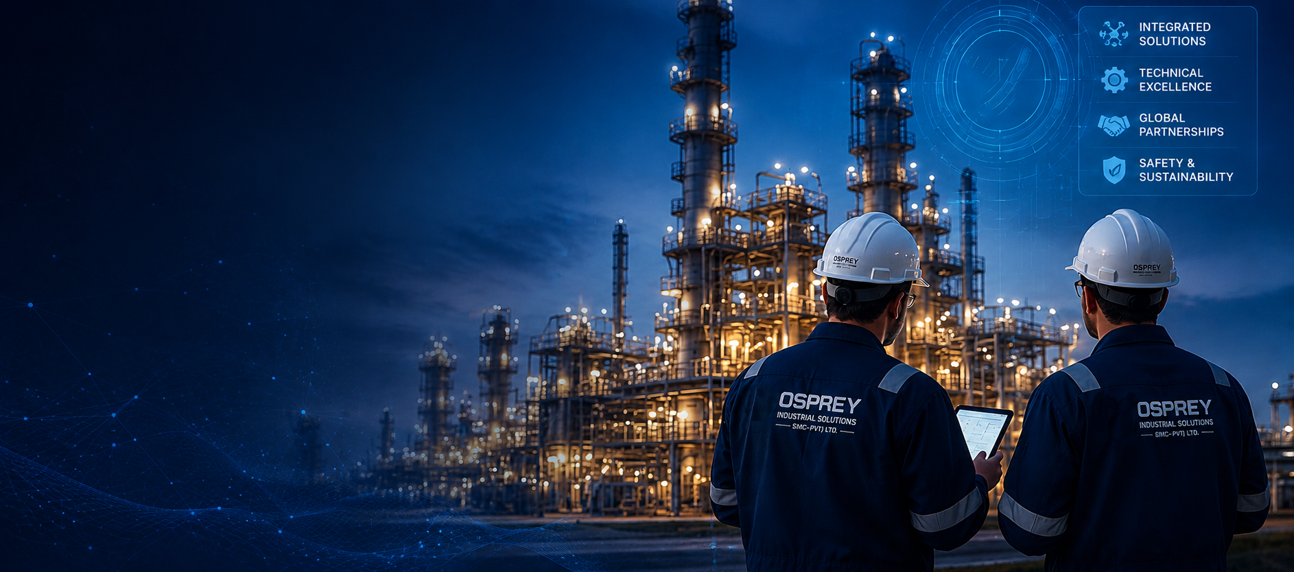 Engineering team collaborating at an oil and gas industrial facility